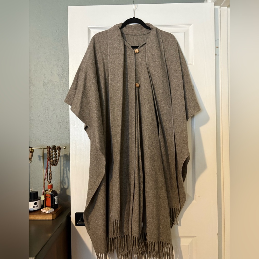 Brown Wool Poncho with Button Closure